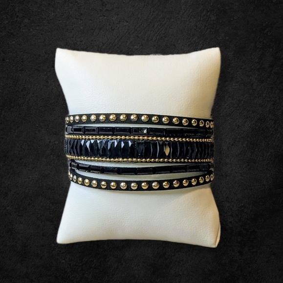 A3 Black Gold Rhinestone Crystal Wrap Cuff Bracelet Sz M-L Adjustable NEW A3 - Picture 7 of 11